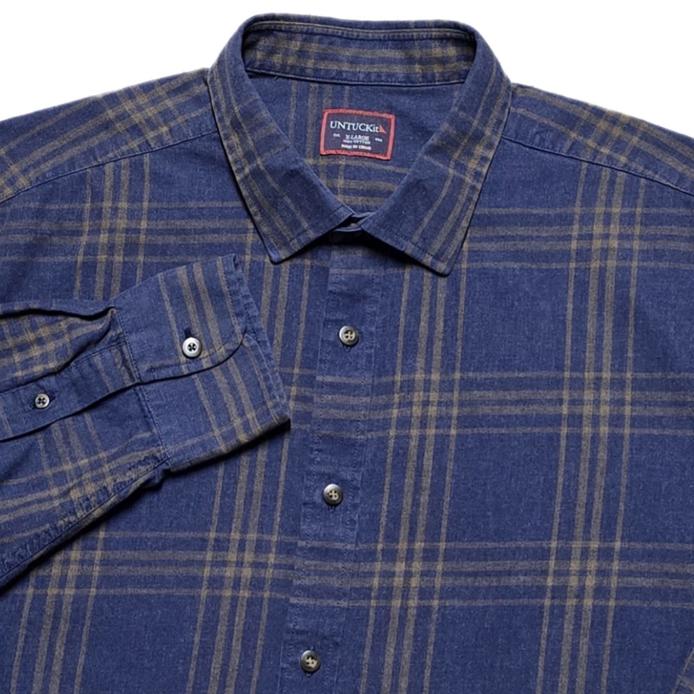 UNTUCKit Men's 100% Cotton L/S Button Flannel‎ Shirt Blue Checked Plaid XL